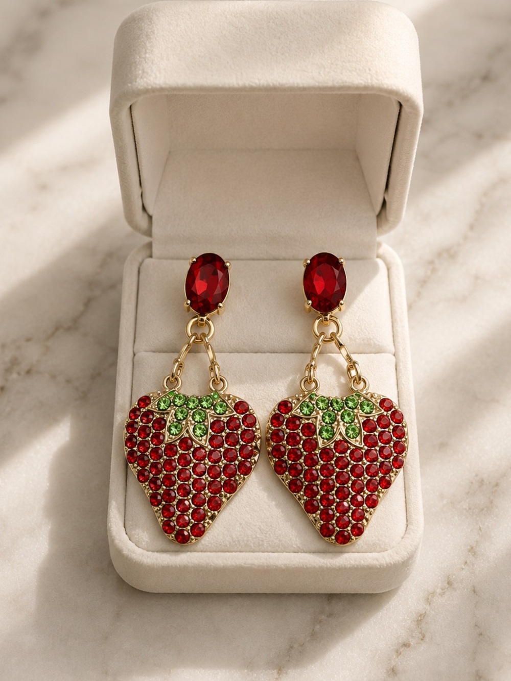 Neiman Marcus Red and Green Crystal Strawberry Drop Earrings